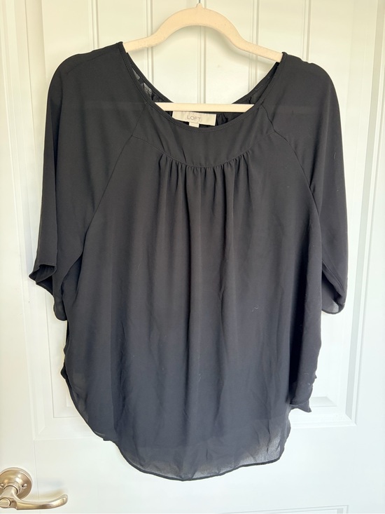 LOFT Tops - LOFT Mixed Media Black Relaxed Scoop-Neck Blouse with Gathered Front